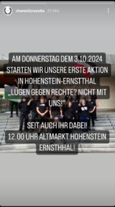 Aufruf der "Chemnitz Revolte" für ihren Aufmarsch gegen eine Gedenkdemo am 03.10.2024 in Hohenstein-Ernstthal. Quelle: Instagram