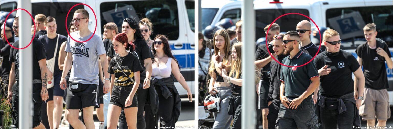 Spätere Personen aus der Gruppe um die "Chemnitz Revolte" auf dem Protest gegen den CSD in Bautzen am 10.08.2024. Bild links, v.l.n.r.: Janik Tonat, Maximilian Werner; Bild rechts, v.l.n.r.: Tom Krause, Kay Ian Fischer, Thaddäus Rosch (Quelle beide: Presseservice Rathenow).