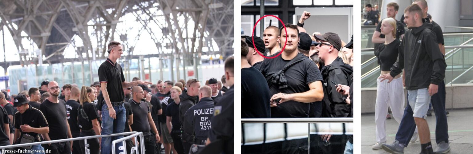 Spätere Personen aus dem Umfeld der "Chemnitz Revolte" bei dem Versuch eines Protestes gegen den CSD in Leipzig am 17.08.2024; Bild links: Noah Schumann auf der Absperrung (Quelle: Pressefuchs); Bild Mitte: Lucio (Quelle: Thomas Witzgall); Bild rechts: Lena Patricia Zimmermann (Quelle: Pressefuchs)