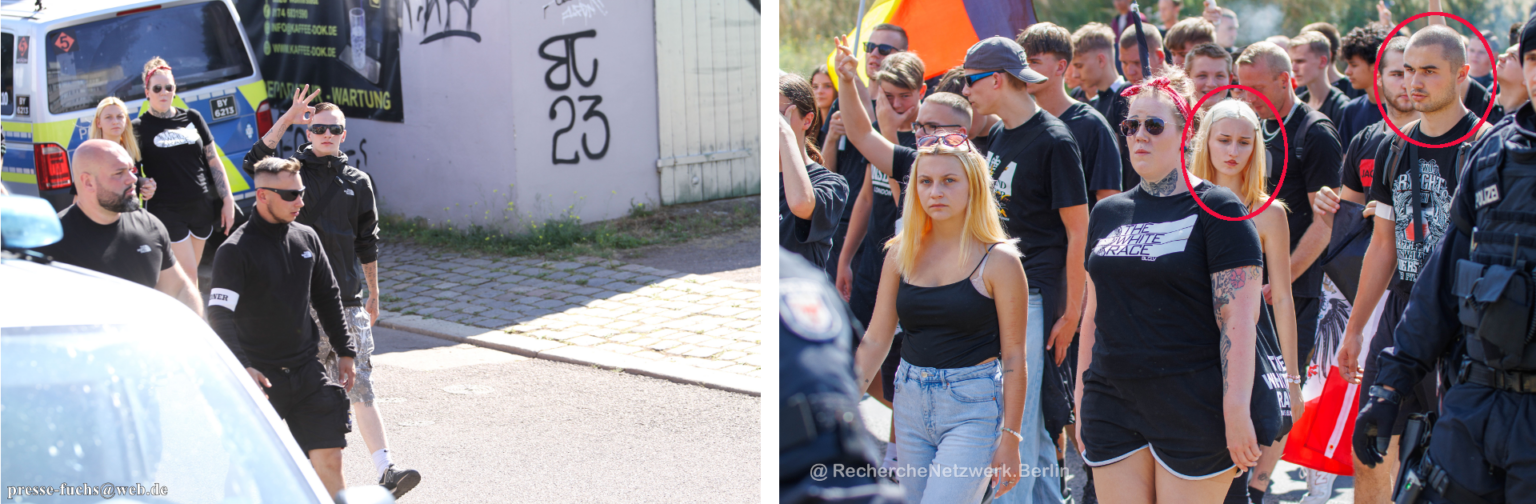 Neonazi-Protest am 24.08.2024 in Magdeburg. Bild links: Lina Gertz (blonde Frau im Hintergrund links), Tom Krause (mit Ordnerbinde), Noah Schumann (White-Power-Zeichen), (Quelle: Pressefuchs); Bild rechts: Lina Gertz (blonde Frau im Vordergrund links), Lena Patricia Zimmermann und Lucio (Markierung), (Quelle: RechercheNetzwerk.Berlin)