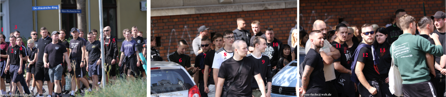 Junge Chemnitzer Neonazis am 31.08.2024 in Zwickau: 1 Marvin Kurth, 2 Jeri Weigel, 3 Stanley Scholz, 4 Dean Los, 5 Semino Ochmann, 6 Paul P. (verstarb am 29.10.2024 bei einem Unfall), 7 Marcel Gentsch, 8 David Reichardt, 9 Flo, 10 Florian Schindler, 11 Paul Göske, 12 Marcel Gentsch, 13 Stella Schmidt (Quelle: Pressefuchs)