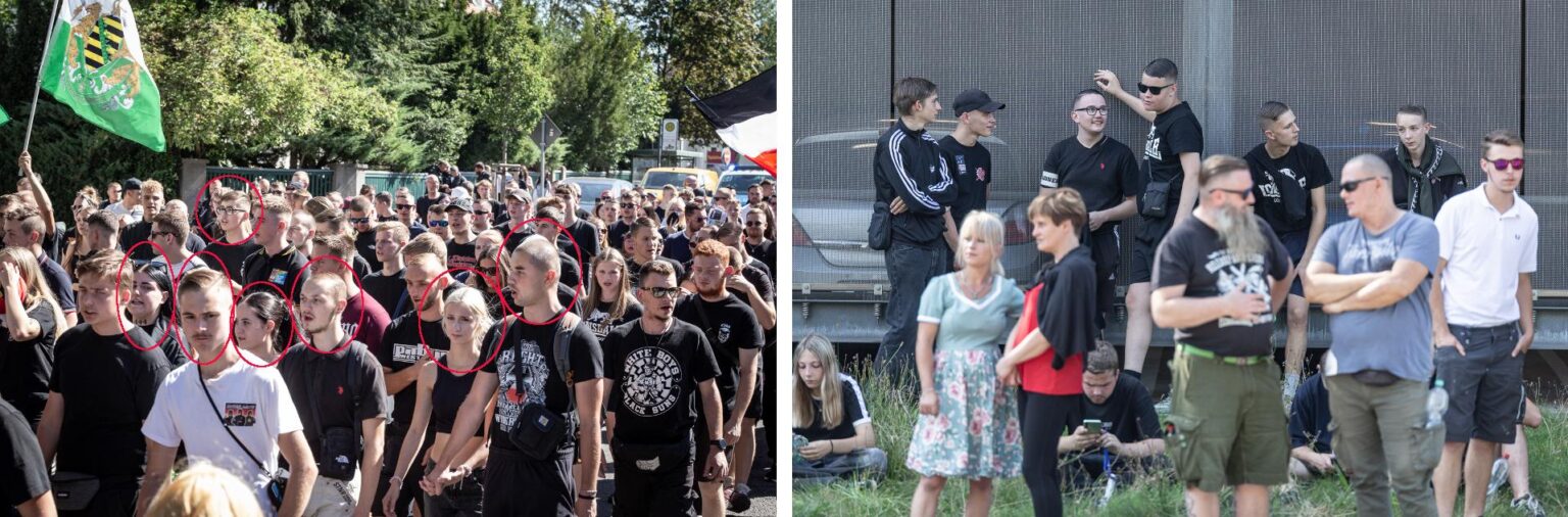 Junge Chemnitzer Neonazis am 07.09.2024 in Freiberg. Bild links, v.l.n.r.: Stella Schmidt, Brian Bunzel, Annabell Jungwirth, Lukas Liege, Lena Patricia Zimmermann, Lucio, David Reichardt (im Hintergrund); Bild rechts, hintere Reihe ab dritter Person links, v.l.n.r.: Oliver Lüth, Stanley Scholz, Marvin Kurth, Paul P. (Quelle beide: Johannes Grunert)