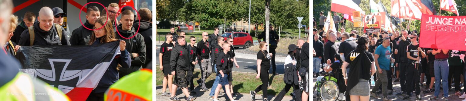 Linkes Bild: Stanley Scholz (links) und Marvin Kurth (rechts) am 14.09.2024 beim Neonazi-Protest gegen den CSD in Halle (Quelle: RechercheNetzwerk.Berlin); Rechtes Bild: Junge Chemnitzer Neonazis am 21.09.2024 in Döbeln. Bild links: 1 David Reichardt, 2 Florian Schindler, 3 Jerry Meyer, 4 Semino Ochmann, 5 Stanley Scholz, 6 Elias; Bild rechts, hält Banner: Jerry Meyer (Quelle beide: BfZD Nünchritz)