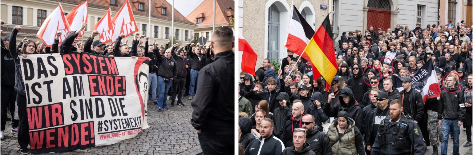 Junge Chemnitzer Neonazis beim Protest gegen den CSD in Görlitz am 28.09.2024. Bild links: Lilly Ullmann (Frau links hinter Transparent); Bild rechts, v.l.n.r.: Stella Schmidt, Stanley Scholz und Noah Schumann mit Ordnerbinde (Quelle beide: Johannes Grunert)