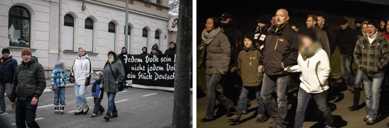 Drei Generationen Rechte: Madlen Reichardt (weiße Jacke) und Angelika Reichardt (graue Jacke) mit Söhnen bzw. Enkeln auf einem rassistischen Aufmarsch gegen die Erstaufnahmeeinrichtung für Asylsuchende in Chemnitz-Hilbersdorf. Zwischen den beiden: David Reichardt. Bild rechts: Familie Fischer beim Schneeberger Lichtellauf: Kay Fischer mit seinem Sohn Kay Ian Fischer an der Hand am 29.11.2014 in Schneeberg.