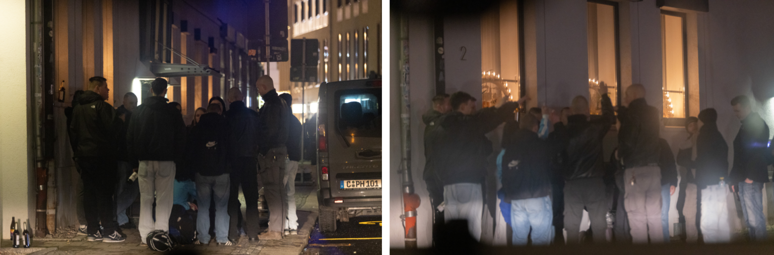 Plenum der "Chemnitz Revolte" vor dem REWE in der Chemnitzer Innenstadt. Ganz links Florian Schindler, daneben hinten: Lukas Liege, halb verdeckt: Lavinia, rechts Jerry Meyer und Semino Ochmann. Linda, Stella Schmidt und Lucas Felber sind verdeckt, andere unbekannt.