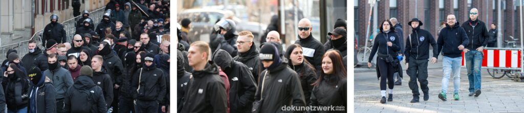 Links: Junge Neonazis, darunter die "Chemnitz Revolte", am 15.02.2025 auf dem rechten "Trauermarsch" in Dresden (Quelle: Tim Mönch),
Mitte: "Chemnitz Revolte" am 15.02.2025 auf dem rechten "Trauermarsch" in Dresden (Quelle: Dokunetzwerk Rhein-Main),
Rechts: Chemnitz Revolte am 22.02.2025 in Berlin auf einer von Ferhat Sentürk ausgerufenen, neonazistischen Demonstration (Quelle: RechercheNetzwerk Berlin)