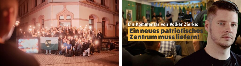 Links: Eröffnung des „Zentrum Chemnitz“ am 23.11.2023. Rechts: Volker Zierke mit Kommentar: „Ein neues patriotisches Zentrum muss liefern!“