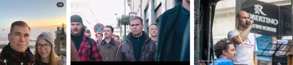 Links: Vincenzo Richter mit Frau Marie. Mitte: Vincenzo Richter mit Stephan Thöny und anderen internationalen IB-Kadern bei Aktion in Brüssel. Rechts: Vincenzo Richter als Redner auf der IB-„Jahresdemo“ 2025 in Wien. Foto: Recherchenetzwerk Berlin.