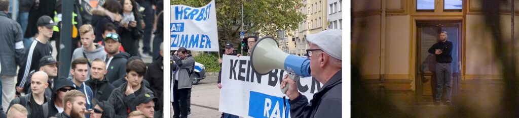 Links: Luca Böttcher (Adidas-Cap), Tony Kraft (grauer Hoodie) und sein Vater René Kraft am 01.09.2018 in Chemnitz. Foto: Exif Recherche. Mitte: Tony Kraft und Aaron Franz 2022 bei „Energie-Protest“ in Stuttgart. Rechts: Tony Kraft allein vorm Zentrum. Foto: Pixelarchiv.
