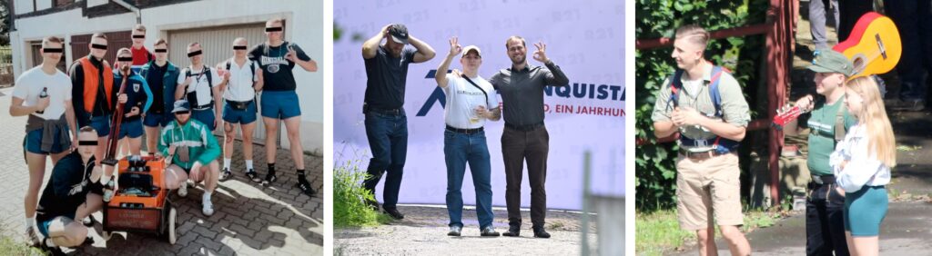 Links: „Mit den Buben“: Männertag der IB mit (v.l.n.r.) Phil Friedrich, Hannes Wiehle, Luis Rupprecht, Lars Ashley Mehnert, Luca Böttcher, Artur Thum, Tony Kraft, Lucas Denk, unbekannt und Lucas Wenzel. Mitte: Lars Ashley Mehnert und Vincenzo Richter mit „White Power“-Geste bei IB-Jubiläum 2024 in der „Uhlig Mühle“. Foto: Recherche Nord. Rechts: IB-Wanderung im Juni 2024 in Dittersdorf: Phil Friedrich, Lars Ashley Mehnert und Fenja Matthes. Foto: Pixelarchiv.