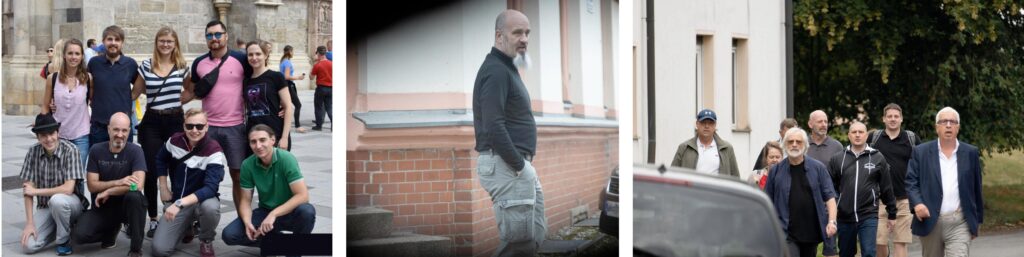 Links: Kenan Esau mit der IB Baden-Württemberg 2018 in Wien. V.l.n.r: Unbekannt, Heidi Baumann, Philipp-Amadeus Tremer, Kenan Esau, unbekannt, Robin Mengele, Rest unbekannt. Mitte: Kenan Esau vor dem „Zentrum Chemnitz“. Foto: Pixelarchiv. Rechts: Thomas Heyden, Claudia Schlegl (B.A. Robin), Stephan Hentschel, Daniel Fiß u.a. 2022 in Schnellroda. Foto: Objektiv Ost.