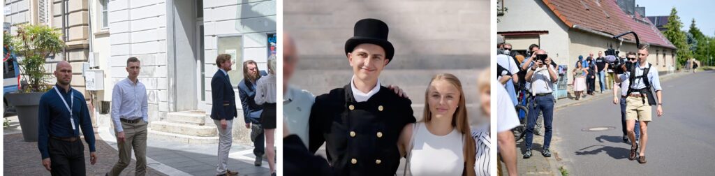 Links: Vincenzo Richter und Phil Friedrich 2025 beim „Remigration Summit“ in Gallarate (Italien). Foto: Theo Winkler. Mitte: Phil Friedrich mit Fenja Matthes bei seiner Gesellenfreisprechung. Rechts: Phil Friedrich als „Filmkunstkollektiv“-Filmer im Juli 2025 in Schnellroda. Foto: Recherche Nord.