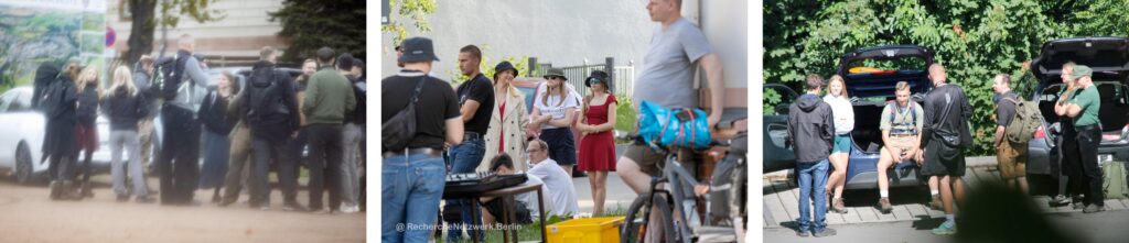 Links: Linda Kraft, Arthur Thum, Fenja Matthes, unbekannt, Timm Kaufmann, Lucas Wenzel, unbekannt, sowie Vincent Schulz (beige Jacke) und einige Leipziger bei Wanderung 2024 in Rochlitz. Foto: Pixelarchiv. Mitte: Brunhilde Kubitschek, Linda Kraft und Fenja Matthes bei „Stolzmonat“-Kundgebung 2025 in Chemnitz. Foto: Recherche-Netzwerk Berlin. Rechts: Jasper J., Fenja Matthes, Phil Friedrich, Lucas Wenzel, Paul Schäffler, unbekannt und Lars Ashley Mehnert bei Wanderung in Dittersdorf im Juni 2024. Foto: Pixelarchiv.