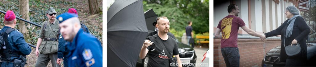 Links: Paul Schäffler im Februar 2024 beim Ausbruch60 in Budapest. Foto: Recherche Nord. Mitte: Paul Schäffler bei IB-“Jahresdemo“ 2025 in Wien. Foto: Dokunetzwerk Rhein-Main. Rechts: Paul Schäffler begrüßt Stephanie Grothaus (AfD) 2024 zum Stammtisch im „Zentrum Chemnitz“.