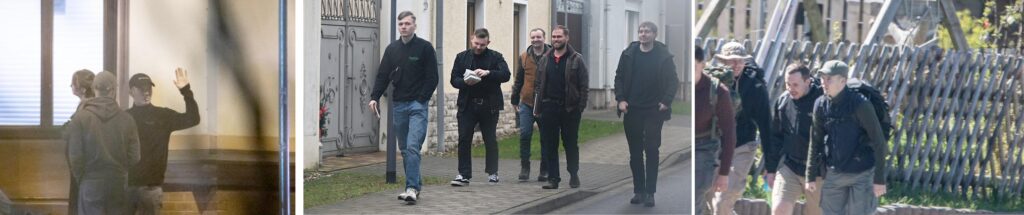 Links: „Christiane“, Lucas Denk und Artur Thum bei einem „Stammtisch“ mit „WolfPMS“ im Oktober 2024 im „Zentrum Chemnitz“. Foto: Pixelarchiv. Mitte: Artur Thum, Unbekannt 3, Paul Schäffler, Vincenzo Richter und Leonhard Stottmeister im Februar 2024 in Schnellroda. Foto: Recherche Nord. Rechts: Tony Kraft, Nico Viedert und Artur Thum bei IB-Wanderung 2025 in Oberwiesenthal. Foto: Pixelarchiv.