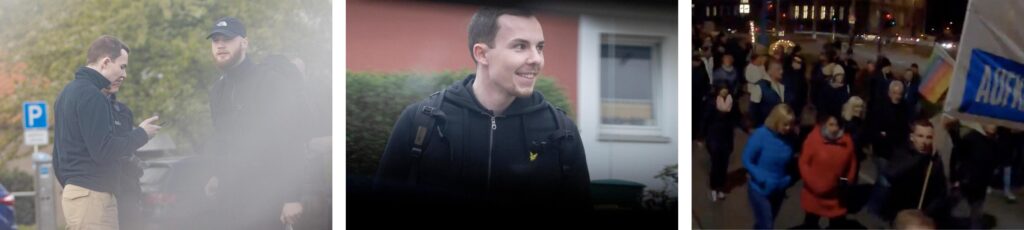 Links: Nico Viedert und Tony Kraft vor einer Wanderung im April 2024 in Rochsburg. Foto: Pixelarchiv. Mitte: Nico Viedert im April 2024 bei „Stammtisch“ im „Zentrum Chemnitz“. Foto: Pixelarchiv. Rechts: Nico Viedert am IB-Transparent bei „Montagsdemo“ im November 2022 in Chemnitz. Foto: The Workshop Gang.
