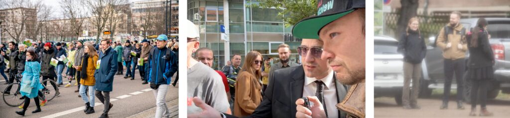 Links: Lucie Vogel und Vincent Schulz 2022 bei „Freie-Sachsen“-Aufmarsch in Chemnitz. Foto: Marco Kemp. Mitte: Lucie Vogel und Vincent Schulz 2025 bei Kundgebung mit Martin Sellner. Foto: Sebastian Weber. Rechts: Lucie Vogel und Vincent Schulz bei Wanderung 2024 in Rochlitz. Foto: Pixelarchiv.