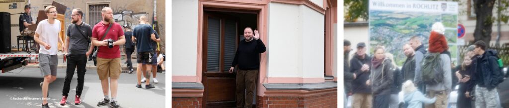 Links: Lui Gottschling, Robert Timm und David Ratajczak 2019 bei IB-Kundgebung vorm IB-Haus in Halle/Saale. Am Klavier: Till-Lucas Wessels. Foto: Recherchenetzwerk Berlin. Mitte David Ratajczak vorm „Zentrum Chemnitz“. Foto: Recherche Nord. Rechts Robert Strehle (ganz links, David Ratajczak und Lucas Wenzel (mittig), Linda Kraft, Artur Thum und Vince Ahnert bei IB-Wanderung im November 2024 in Rochlitz. Foto: Pixelarchiv.