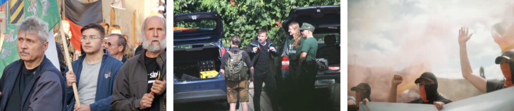Links: Marvin Gröger bei „Freie-Sachsen“-Aufmarsch im Oktober 2025 in Altenburg. Foto: Pixelarchiv. Mitte: Marvin Gröger mit Paul Schäffler, unbekannt und Lars Ashley Mehnert 2024 bei IB-Wanderung in Dittersdorf. Foto: Pixelarchiv. Rechts: Marvin Gröger (mittig) bei „Stolzbass“-Aktion im Juni 2025. Foto: Screenshot SachsenGarde.