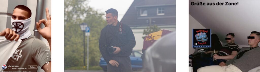 Links: Merlin Ulbrich mit „White Power“-Geste und Schlauchtuch der „Kontrakultur Erfurt“. Mitte: Merlin Ulbrich bei IB-Wanderung 2024 in Rochsburg. Foto: Pixelarchiv. Rechts: Tony Kraft und Merlin Ulrbich privat.