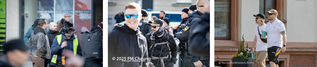 Links: Rene Klepsch u.a. mit Paul Schäffler im Januar 2025 bei „Freie-Sachsen“-Aufmarsch in Chemnitz. Foto: Johannes Grunert. Mitte: Rene Klepsch als Anti-Antifa-Fotograf im Oktober 2025 in Weiden/Oberpfalz. Foto: PM Cheung. Rechts: Rene Klepsch (links) bei „Stolzmonat“-Kundgebung im Mai 2025 in Chemnitz. Foto: Recherchenetzwerk Berlin.