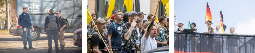 Links: Unbekannt 1, Nico Viedert und Paul Schäffler bei IB-Wanderung im März 2025 in Dresden. Foto: Pixelarchiv. Mitte: Kenan Esau und Unbekannt 1 bei IB-“Jahresdemo“ 2025 in Wien. Foto: Recherchenetzwerk Berlin. Rechts: Tony Kraft, Linda Kraft, unbekannt, Paul Schäffler und Unbekannt 1 bei „Stolzmonat“-Wanderung im Juni 2025 in Chemnitz. Foto: Pixelarchiv.