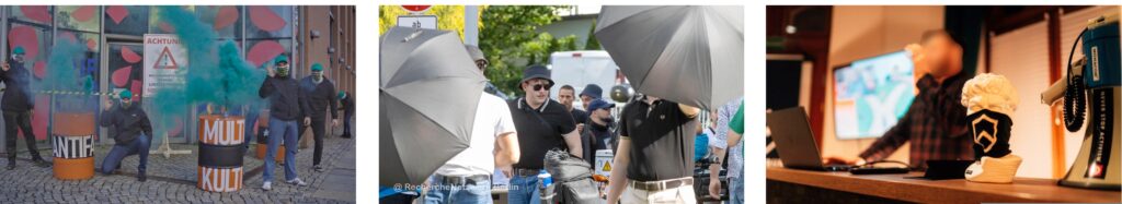 Links: Unbekannt 3 (rechts) bei IB-Aktion vor der Kulturhauptstadtzentrale. Vor ihm Lars Ashley Mehnert. Mitte: Unbekannt 3 bei der „Stolzmonat“-Kundgebung im Mai 2025 in Chemnitz. Foto: Recherchenetzwerk Berlin. Rechts: Vortrag des „Sachsengardisten“ im „Zentrum Chemnitz“.