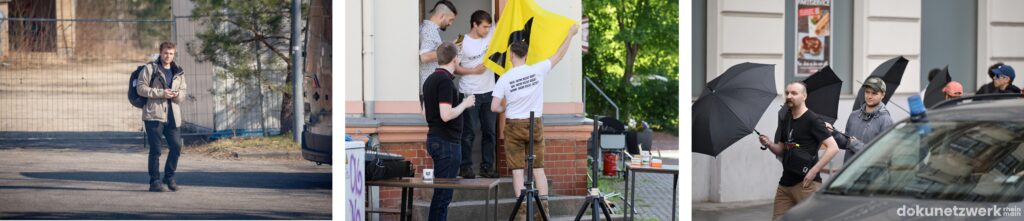Links: Unbekannt 4 bei IB-Wanderung 2025 in Dresden. Mitte: Maximilian Thorn, Leonhard Stottmeister, Unbekannt 4 und Paul Schäffler bei „Stolzmonat“-Kundgebung 2025 im Eingang des „Zentrum Chemnitz“. Foto: Pixelarchiv. Rechts: Paul Schäffler und Unbekannt 4 bei IB-“Jahresdemo“ 2025 in Wien. Foto: Dokunetzwerk Rhein-Main.