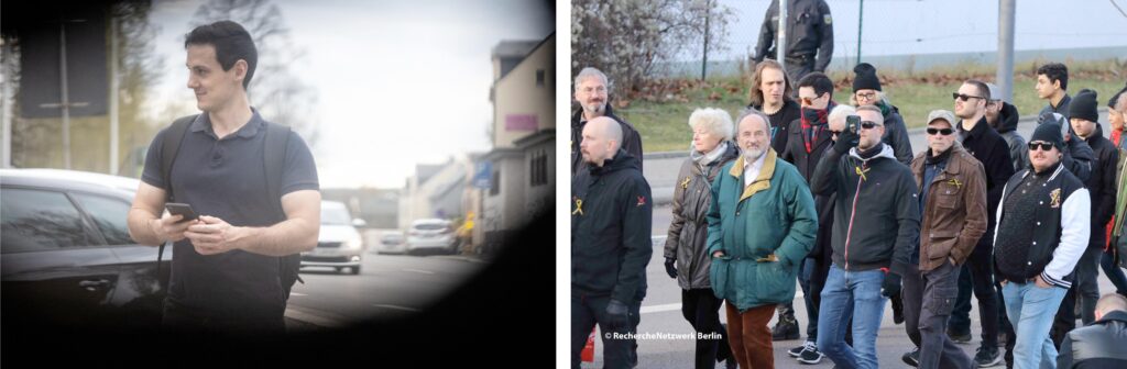 Links: Andrew Leach vor dem „Zentrum Chemnitz“ beim Vortrag von Jonas Greinberg im April 2024. Foto: Pixelarchiv. Rechts: Andrew Leach (mit rot-schwarzem Schal) beim neonazistischen „Trauermarsch“ 2020 in Dresden. Foto: Recherchenetzwerk Berlin.