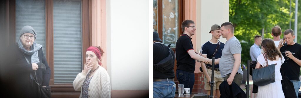 Links: Stephanie Grothaus (AfD) und die Partnerin von Kenan Esau vor dem „Zentrum Chemnitz“ zum „Stammtisch“ im April 2024. Rechts: Leonhard Stottmeister und Robert Andres (Freie Sachsen) mit IB-typischem „römischen Handschlag“ bei „Stolzmonat“-Kundgebung im Mai 2025.