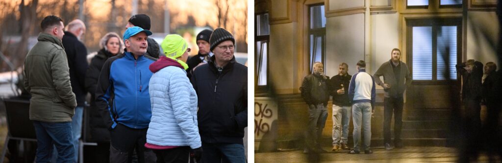 Links: Ältere Besucher*innen bei „Stammtisch“ mit Martin Sellner. Links mit Cap: André Jelinek. Foto: Recherche Nord. Rechts: Neonazis bei Veranstaltung mit „WolfPMS“ im „Zentrum Chemnitz“. V.l.n.r.: Martin Tröger (Lößnitz), Eik Udo Oelschlägel, Tom Zimmermann, Sebastian Funk (ehem. Nationale Sozialisten Chemnitz), JN-Interessierte Ole und Alma Willhardt. Foto: Pixelarchiv.