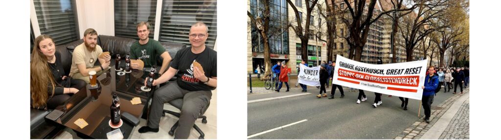 Links: Skatabend des „Patriotischen Bollwerks Chemnitz“: Almut Wolf, Hermann Fröhlich, Vincenzo Richter, Tobias Richter. In der Fensterscheibe gespiegelt: Beate Porsche. Links: Beteiligung an Demonstration in Dresden