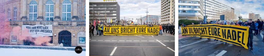 Links: IB-Aktion auf der Chemnitzer Oper. Mitte: V.l.n.r. Vincenzo Richter, Clara Wagner, Lars Ashley Mehnert, unbekannt und Tobias Richter am IB-Transparent bei Freie-Sachsen-Aufmarsch zum 5. März. Foto: Marco Kemp. Rechts: V.l.n.r. Vincenzo Richter, Lars Ashley Mehnert, unbekannt, Christian Winkler, Almut Wolf, Hermann Fröhlich, unbekannt und Tony Kraft am IB-Transparent bei Corona-Demo der „Freien Sachsen“. Foto: Danny Neubauer.