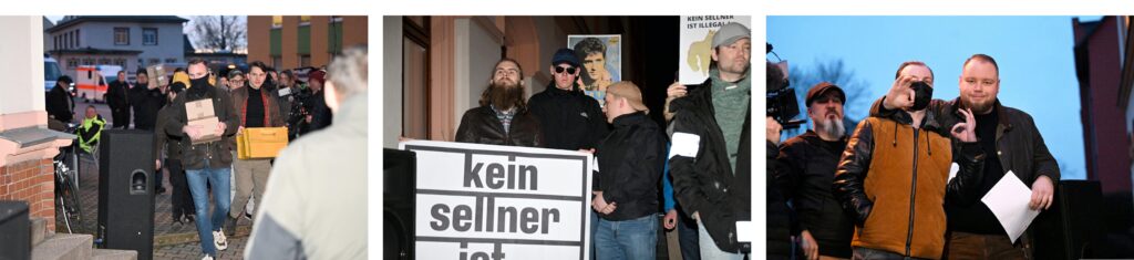 Links: Timm Kaufmann (vermummt), Paul Klemm (Compact-Magazin) und der französische Identitäre Matisse Royer tragen bei Veranstaltung mit Martin Sellner 2023 Verkaufsmaterial ins „Zentrum Chemnitz“. Mitte: Johannes Poensgen (Trier), Lucas Wenzel und Lars Ashley Mehnert. Rechts: Kenan Esau, Paul Schäffler und David Ratajczak. Fotos: Recherche Nord.