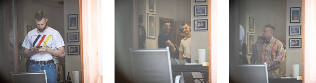 Links: Tony Kraft bei Veranstaltung mit Jonas Greinberg im „Zentrum Chemnitz“. Mitte: Merlin Ulbrich und Phil Friedrich, im Hintergrund Linda Kraft. Rechts: Torsten Graslaub aus dem Zwickauer NSU-Umfeld. Fotos: Pixelarchiv.