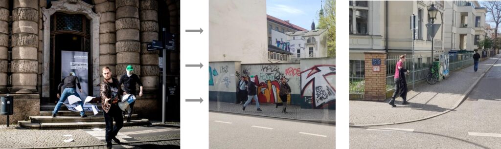 Links: Vincenzo Richter und andere bei Aktion vor dem Rathaus Potsdam. Mitte: Vincenzo Richter auf der Flucht. Rechts: Paul Schäffler bei Kleidungswechsel auf der Flucht.