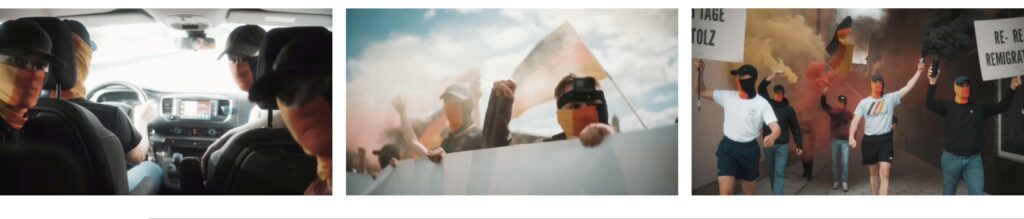 „Stolzbass“-Video: Links: Tony Kraft auf dem Beifahrersitz. Mitte: Simon Pocinosznow (Braunschweig) vorn am Banner. Rechts: Phil Friedrich, Artur Thum, unbekannt, Tony Kraft und Vincenzo Richter.