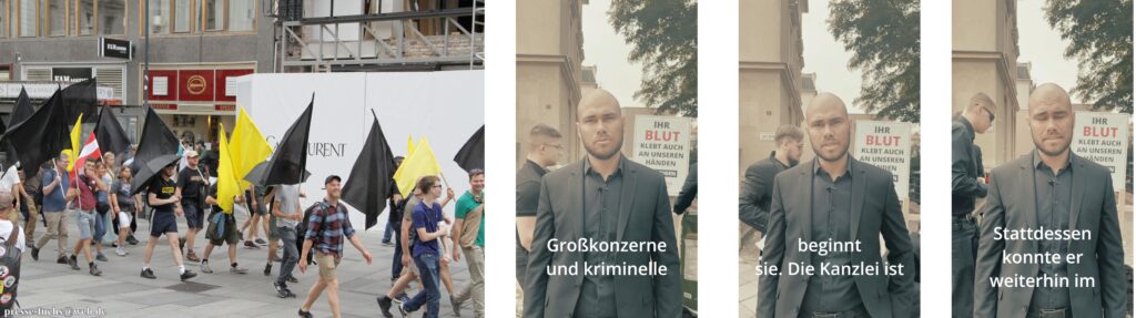 Links: Maximilian Thorn (Radibor, rotes Shirt) und Tony Kraft (Regenschirm) auf „Sommerdemo“ in Wien. Foto: Pressefuchs. Rechts: Videosnippets von Grabaktion in Dresden: Vincenzo Richter, Marvin Gröger, Vincent Schulz, Lucas Wenzel.