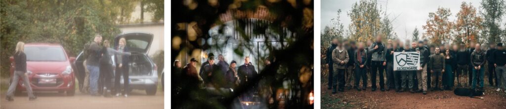 Links: David Ratajczak und Linda Kraft begrüßen Brunhilde Kubitschek. Mitte: Tony Gerber (Hinten vor der Steinwand) im Kreis von Artur Thum, Lucie Vogel, Vincent Schulz und anderen auf dem Hof von Kenan Esau in Königsfeld -Köttwisch. Foto: Pixelarchiv. Rechts: Veröffentlichtes Bild der SachsenGarde. Die Personen bzw. Gesichter vorne rechts haben nicht teilgenommen, sie wurden wohl nachträglich ersetzt.