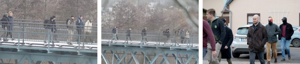Wanderung in Chemnitz-Rabenstein im Januar 2025: Links: Alexander Röhl (Fellkragen), Artur Thum (blaue Weste), Tony Kraft (helle Tarnhose) und Paul Schäffler (beige Jacke). Mitte: Gleiche Gruppe mit Unbekannt 1, Unbekannt 4 und Linda Kraft. Rechts: „Studientage“ in Schnellroda: LInks Marius Keipp, mittig Vincenzo Richter, dahinter Phil Friedrich. Foto: Recherche Nord.