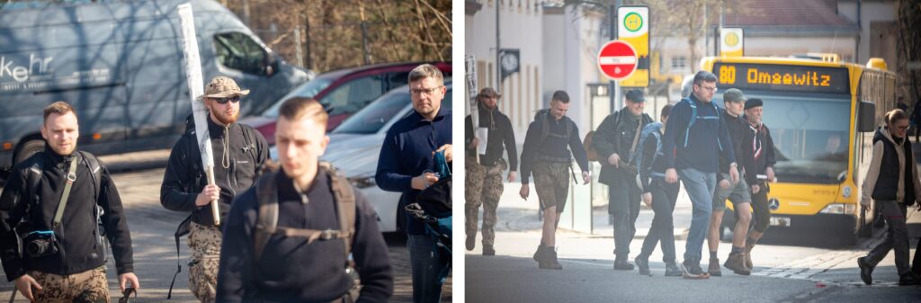 Links: Timm Kaufmann, Tony Kraft, Phil Friedrich und Unbekannt 1 auf IB-Wanderung in Dresden. Rechts: Tony Kraft, Phil Friedrich, „Andi Hoffnung“, unbekannt, „Unbekannt 1“, Artut Thum, unbekannt, unbekannt. Fotos: Pixelarchiv.