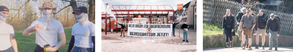 Links: Phil Friedrich, Tony Kraft und Artur Thum vermummt im Video zum „Unwoke Edit King“. Mitte: Vincenzo Richter, Tony Kraft, „Unbekannt 4“ und andere bei Aktion am Postplatz in Aue. Rechts: V.l.n.r.: Linda Kraft, Tony Kraft, Paul Schäffler, Leonhard Sternitzke, Nico Viedert und Artur Thum bei IB-Wanderung in Oberwiesenthal.