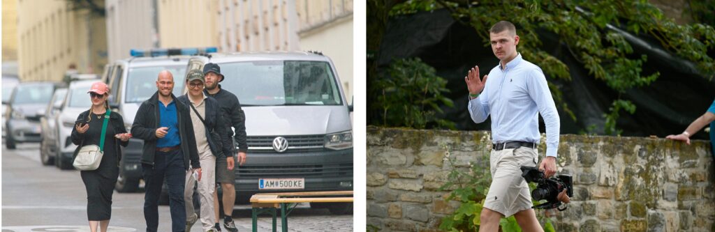 Links: Unbekannt, Vincenzo Richter, Mattisse Royer und Unbekannt 3 am Vorabend zur „Jahresdemo“. Foto: Theo Winkler. Rechts: Lucas Wenzel beim „Sommerfest“ in Schnellroda. Foto: Recherche Nord.