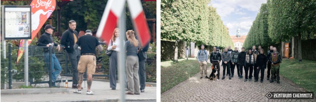 Links: V.l.n.r.: Vincent Herzog, Leonhard Sternitzke, Robert Nütz, „Luise“, Linda Kraft und „Felix“ beim Jungeuropa-Verlagstreffen in Freital. Rechts: Wanderung der „Sachsengarde“: V.l.n.r.: Unbekannt 4, Vincenzo Richter mit Kind und Hund, unbekannt, unbekannt, Unbekannt 4, unbekannt, Lucie Vogel, Vincent Schulz, unbekannt, Jule Löps, Nico Viedert und Paul Schäffler. Foto: SachsenGarde.